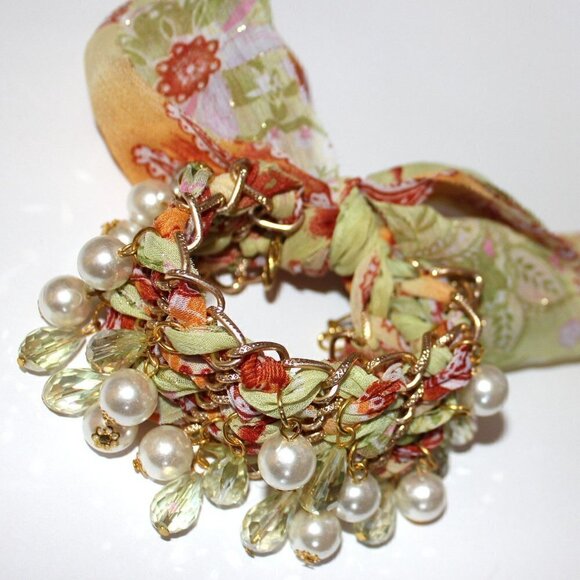 Floral Bohemian Paisley Gold Tie Wrap Bracelet or Choker Pearl Crystal Beaded - Picture 2 of 3